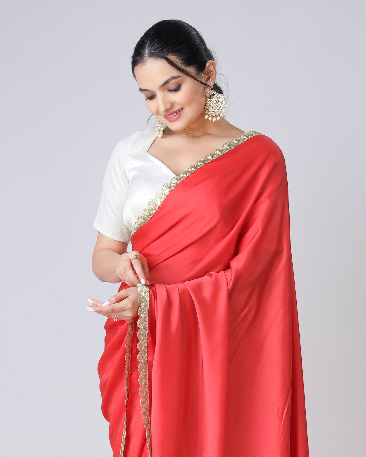 Vermilion Red Stunning Designer Saree With Romantic Lacework Touch