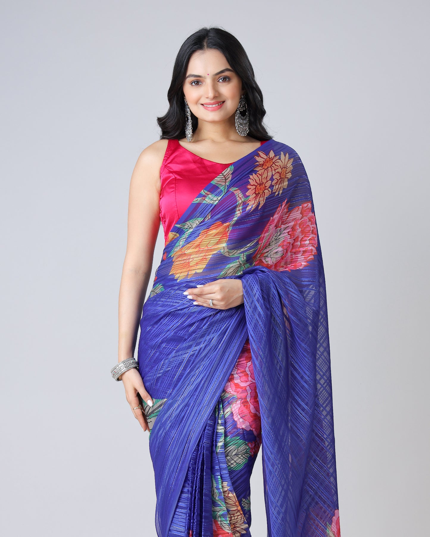 Regal Radiance : Royal Blue Floral Georgette Saree with Embellished Silver Lurex