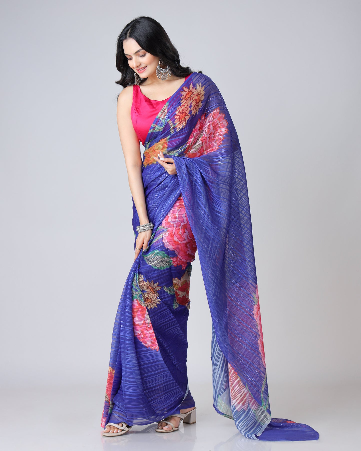 Regal Radiance : Royal Blue Floral Georgette Saree with Embellished Silver Lurex