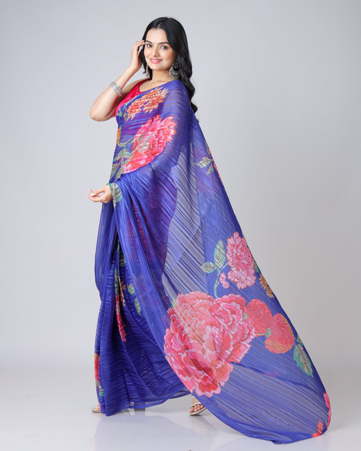 Regal Radiance : Royal Blue Floral Georgette Saree with Embellished Silver Lurex