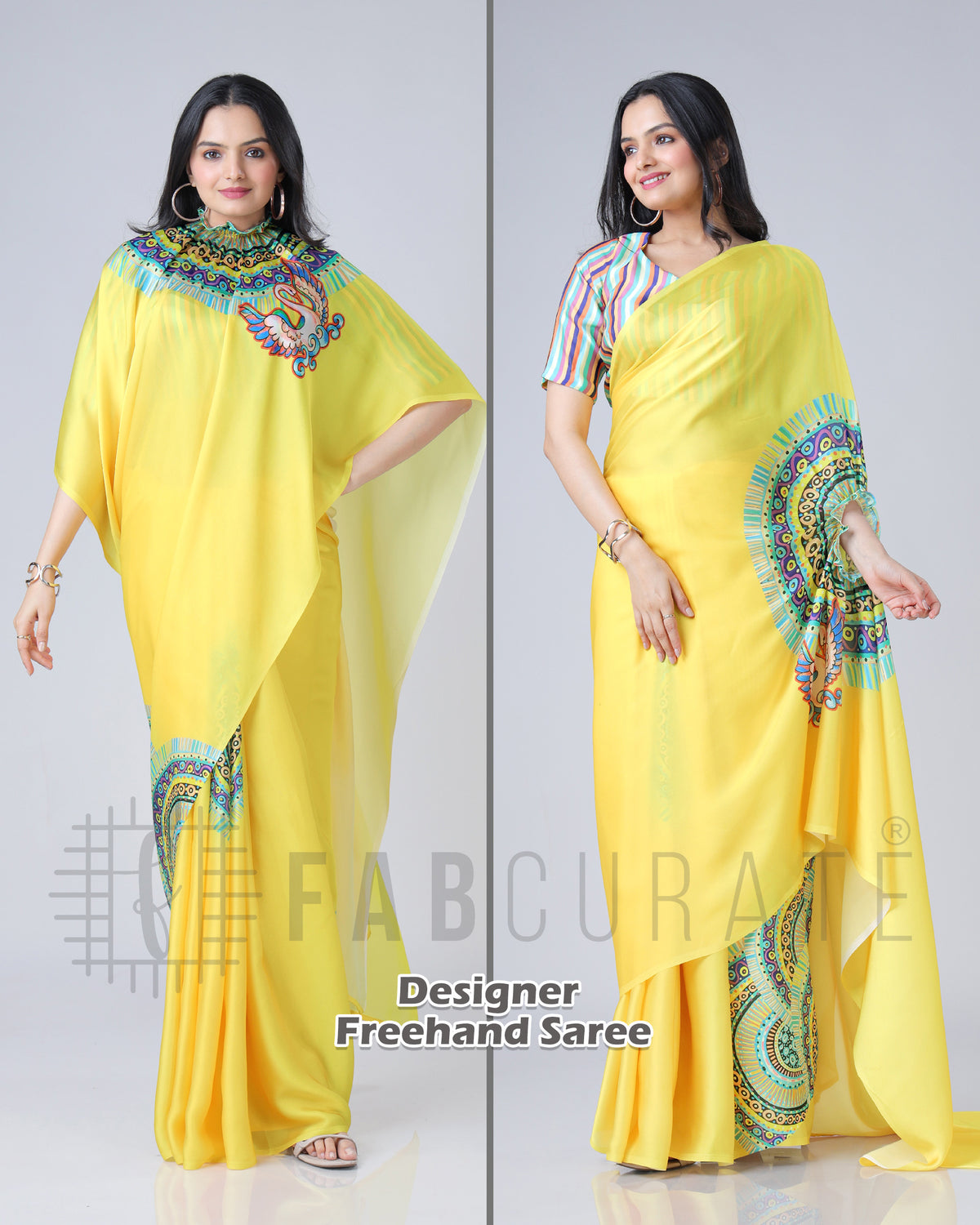Yellow Traditional Freehand Saree