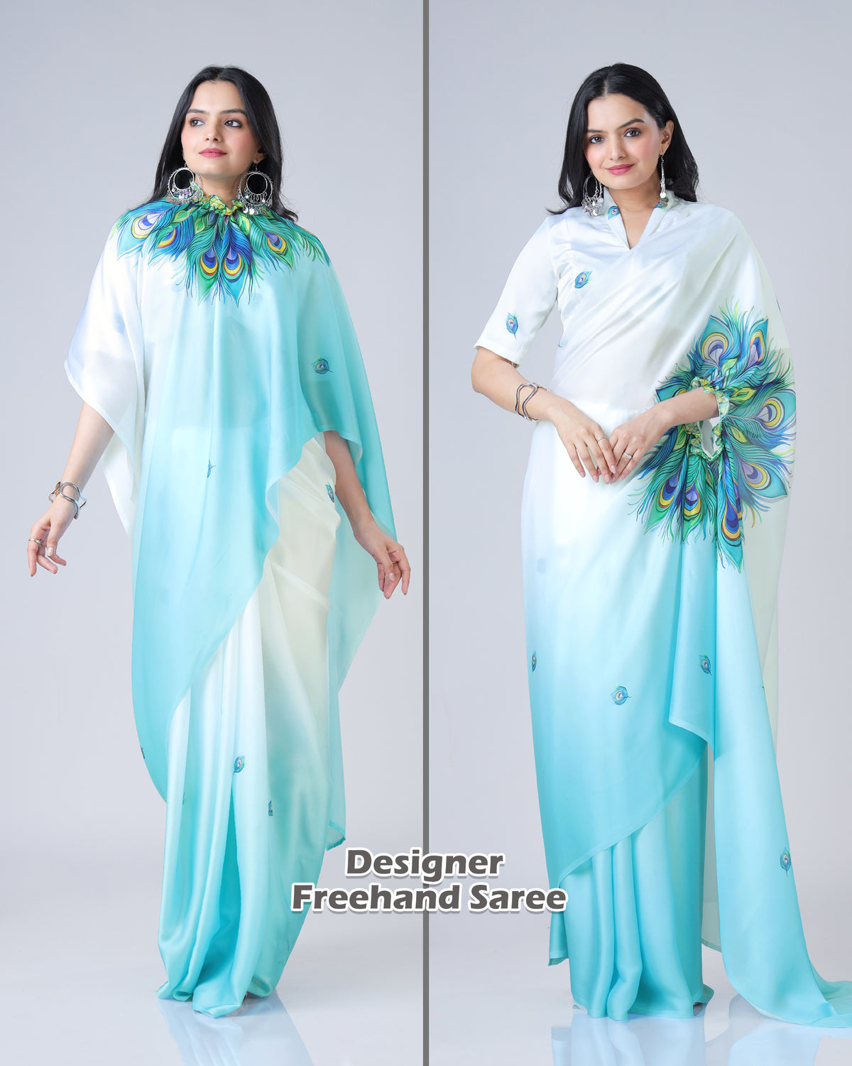 Blue Feather Ombre Freehand Saree