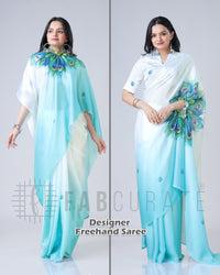 Blue Feather Ombre Freehand Saree