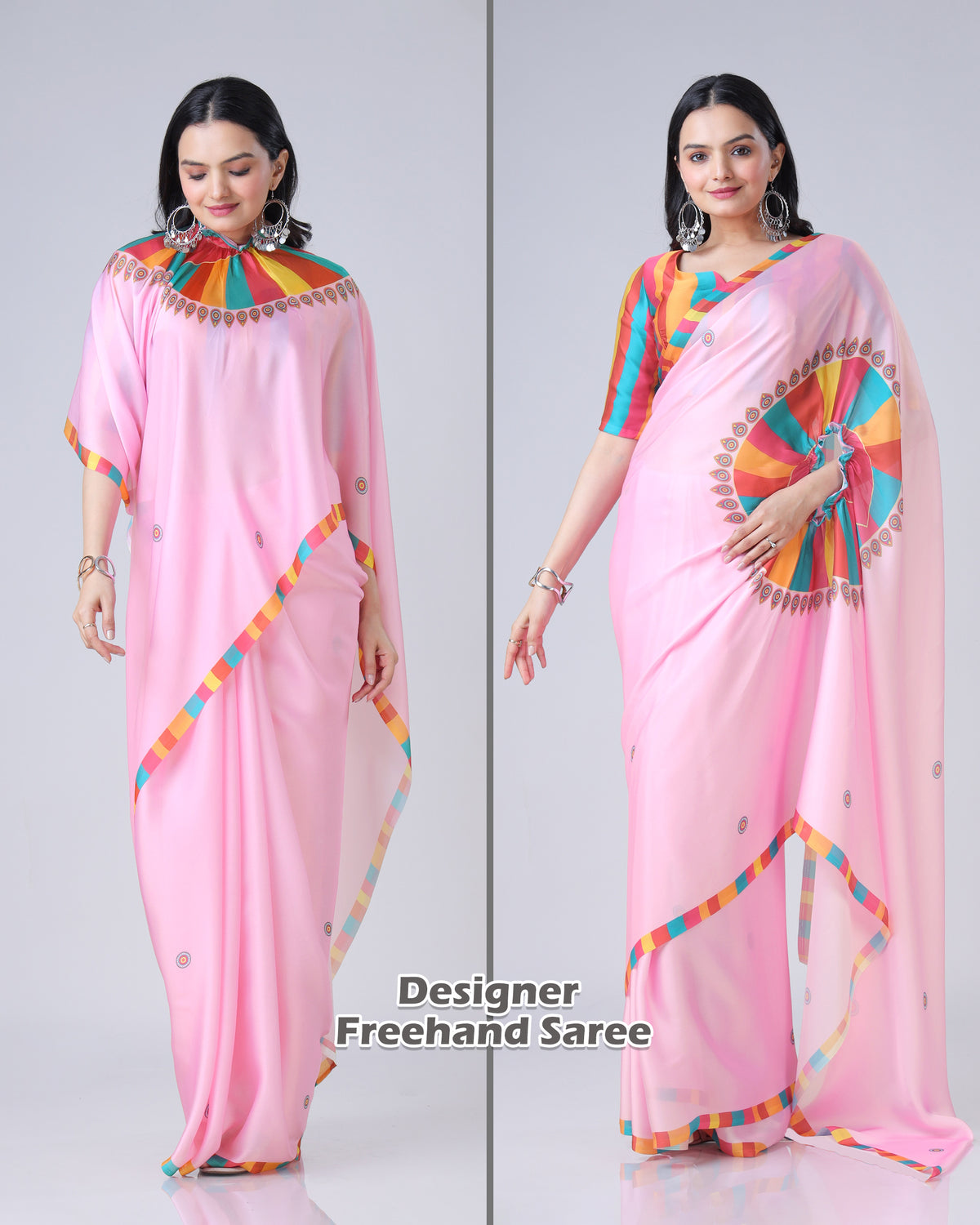 Pink Ethnic Contrast Border Freehand Saree