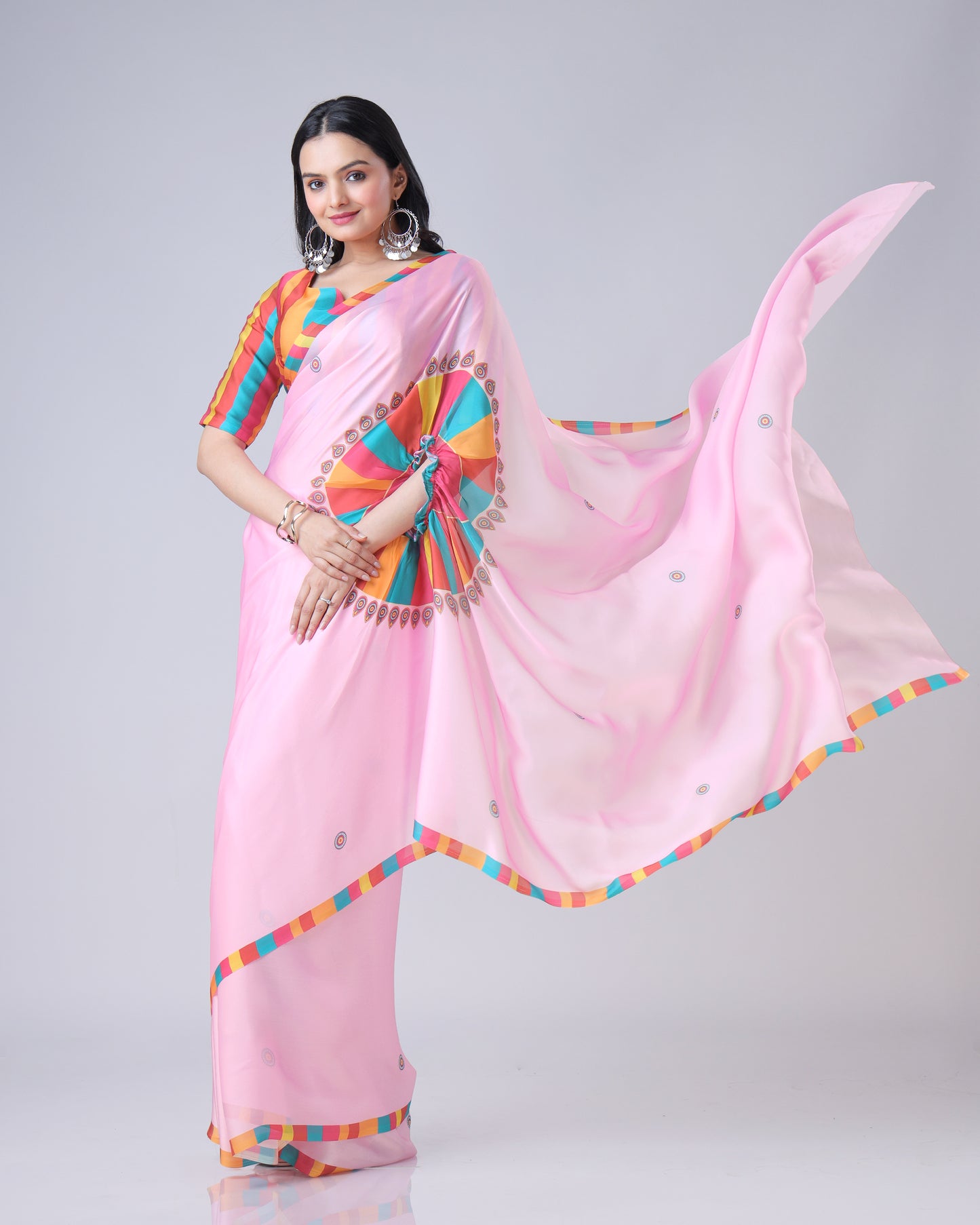 Pink Ethnic Contrast Border Freehand Saree