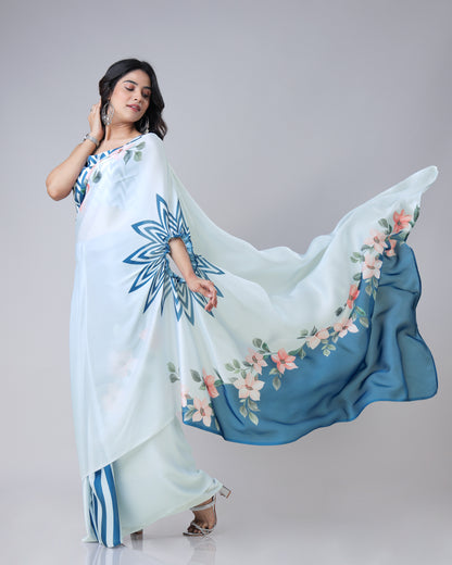 Lovely Floral Stripes Freehand Saree