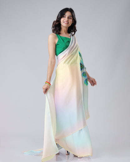 Tredy Color Blend Feather Freehand Saree