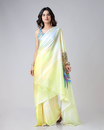 Stylish Multi-Color Leaves Mandalaa Print Freehand Saree