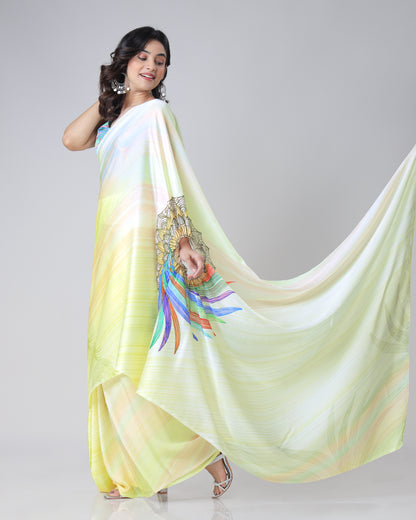Stylish Multi-Color Leaves Mandalaa Print Freehand Saree