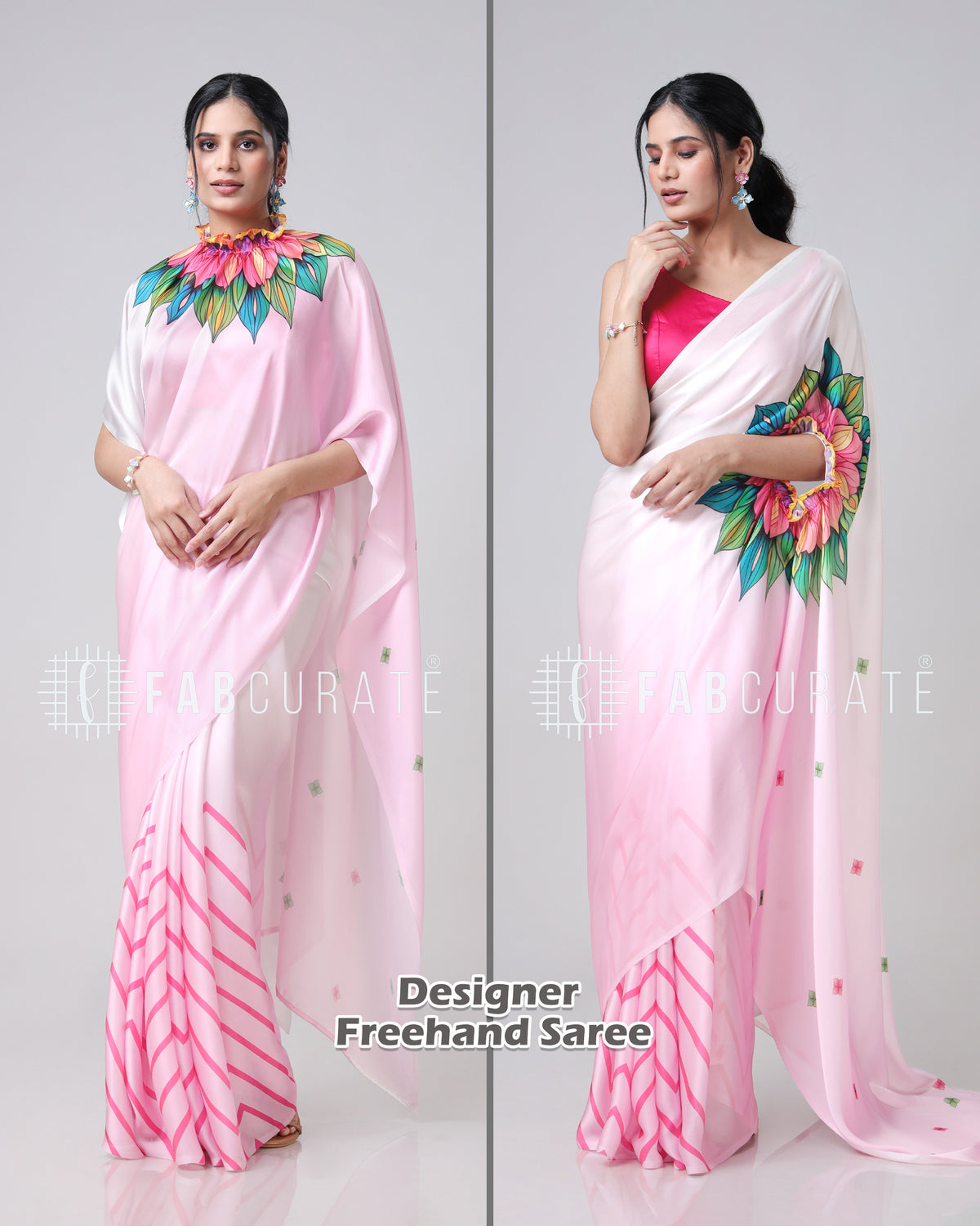 The Social Media Icon Chevron Floral Freehand Saree By Fabcurate