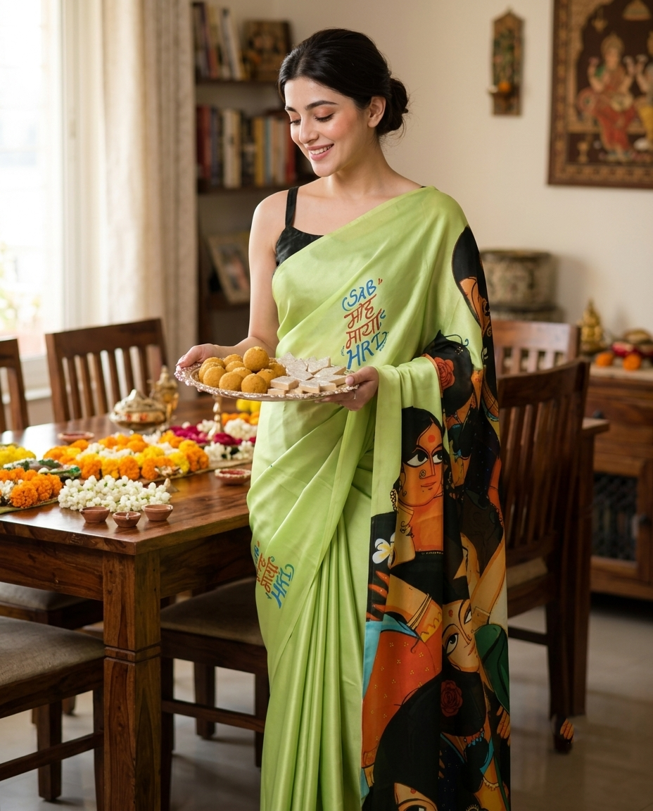 A woman wearing a bright lime green saree with colorful graphic prints stands in a decorated home interior, holding a plate of sweets. The background features a wooden dining table with flowers and traditional decor.rakshabandhan