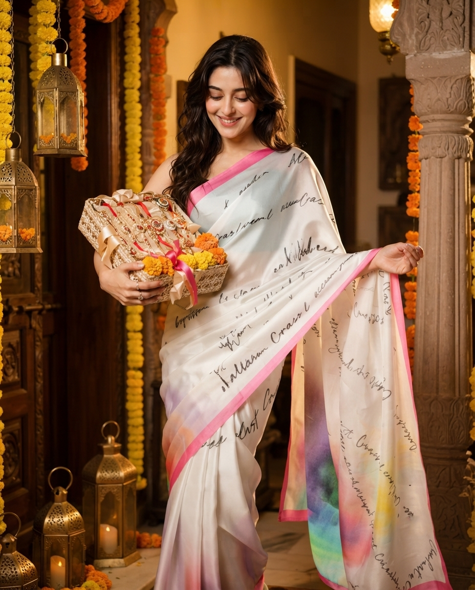 A woman wearing a white sari with pink border and black script print, holding a wrapped gift box decorated with marigold flowers in a warmly lit, festive indoor setting with hanging lanterns and garlands.rakshabandhan, festival,saree