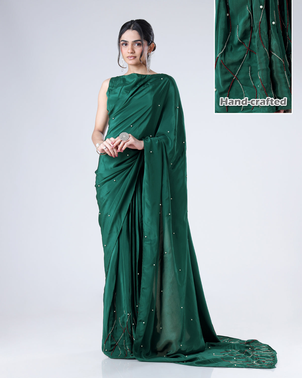 Where Deep Green Whispers The Language Of Luxurious Handcrafted Natural Crepe Saree
