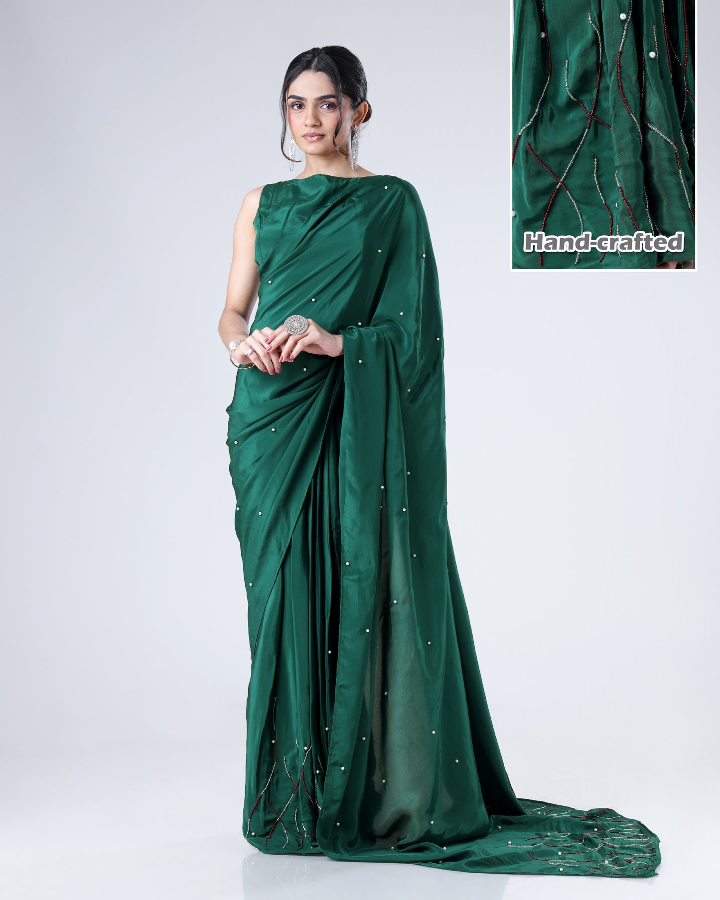 Where Deep Green Whispers The Language Of Luxurious Handcrafted Natural Crepe Saree