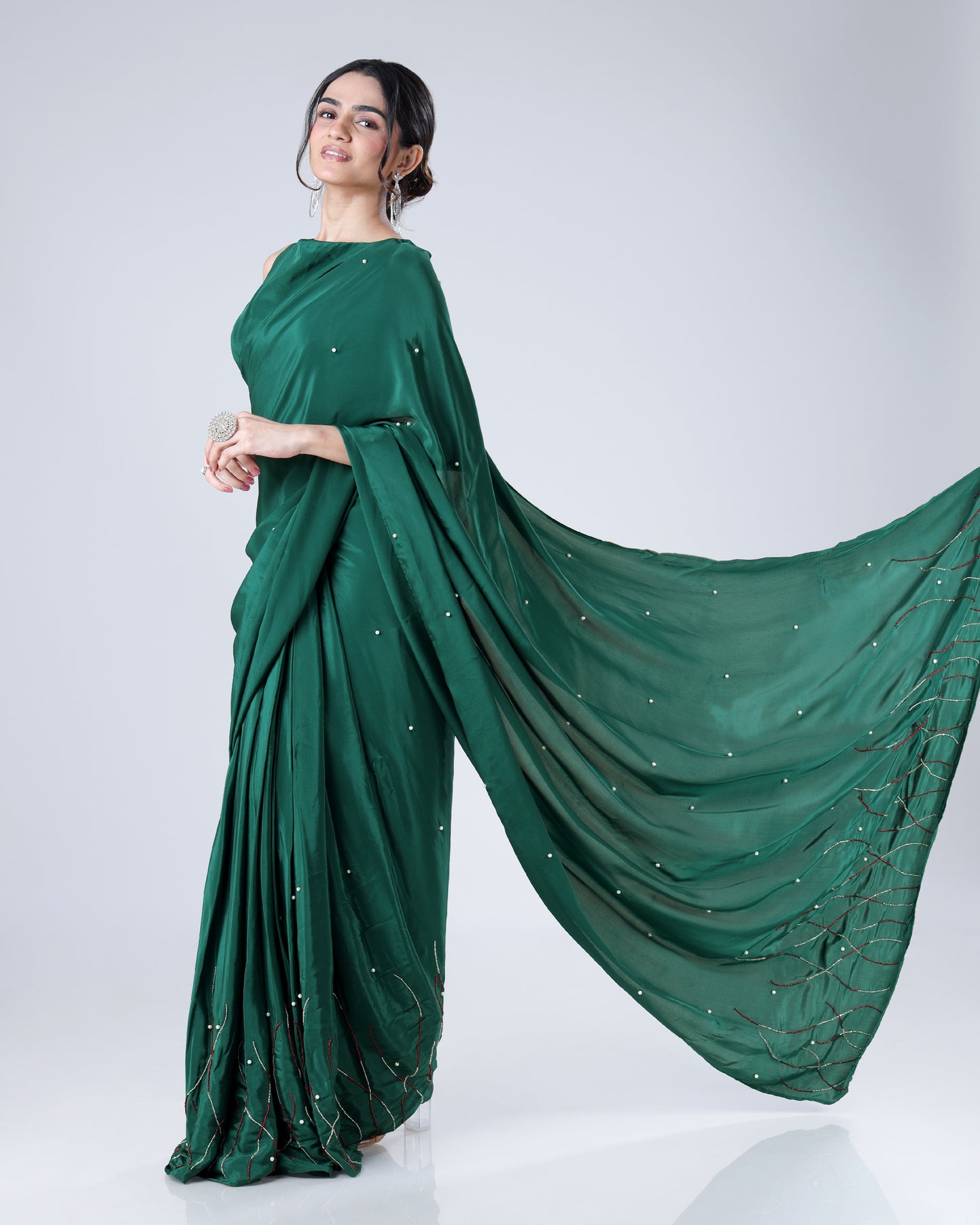 Where Deep Green Whispers The Language Of Luxurious Handcrafted Natural Crepe Saree