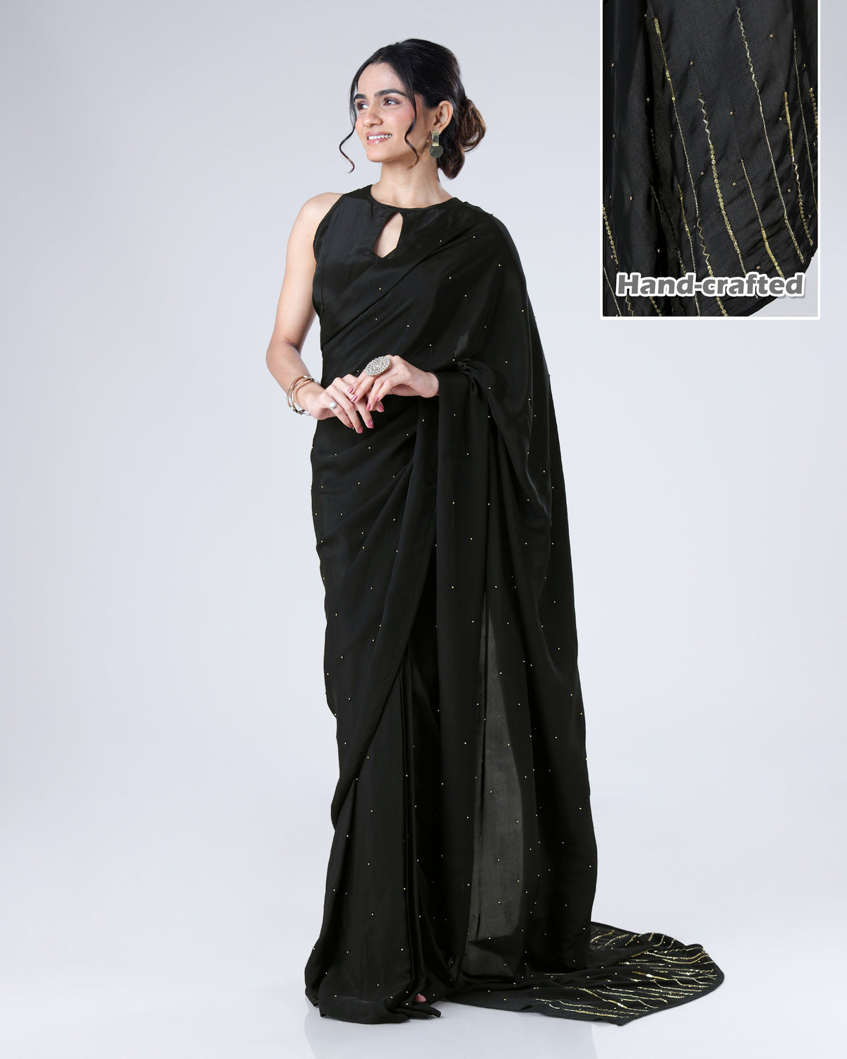 Draped In The Power Of Timeless Black Luxurious Handcrafted Natural Crepe Saree