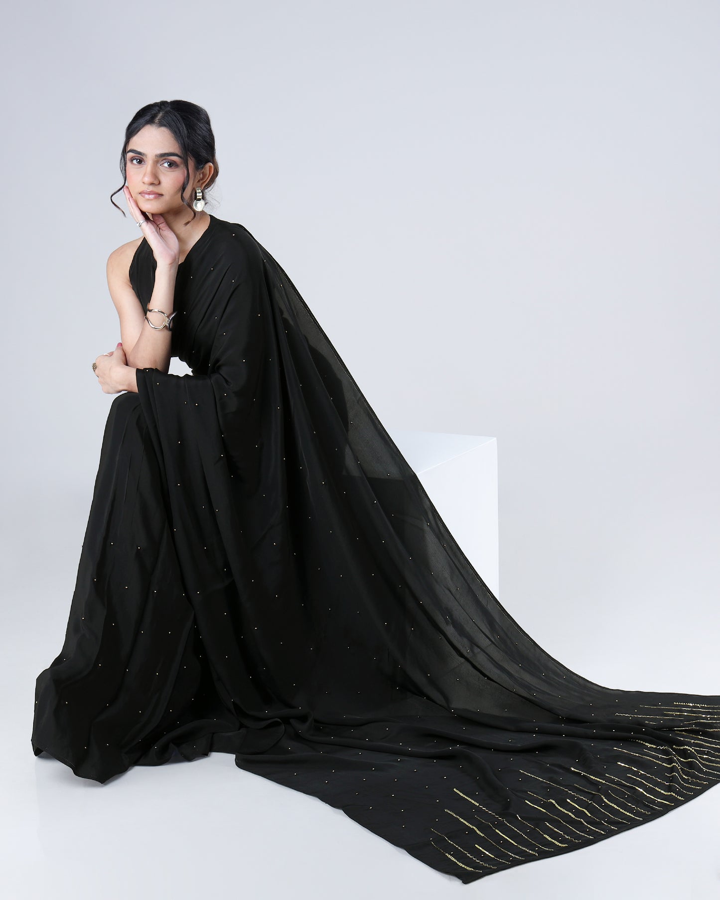 Draped In The Power Of Timeless Black Luxurious Handcrafted Natural Crepe Saree