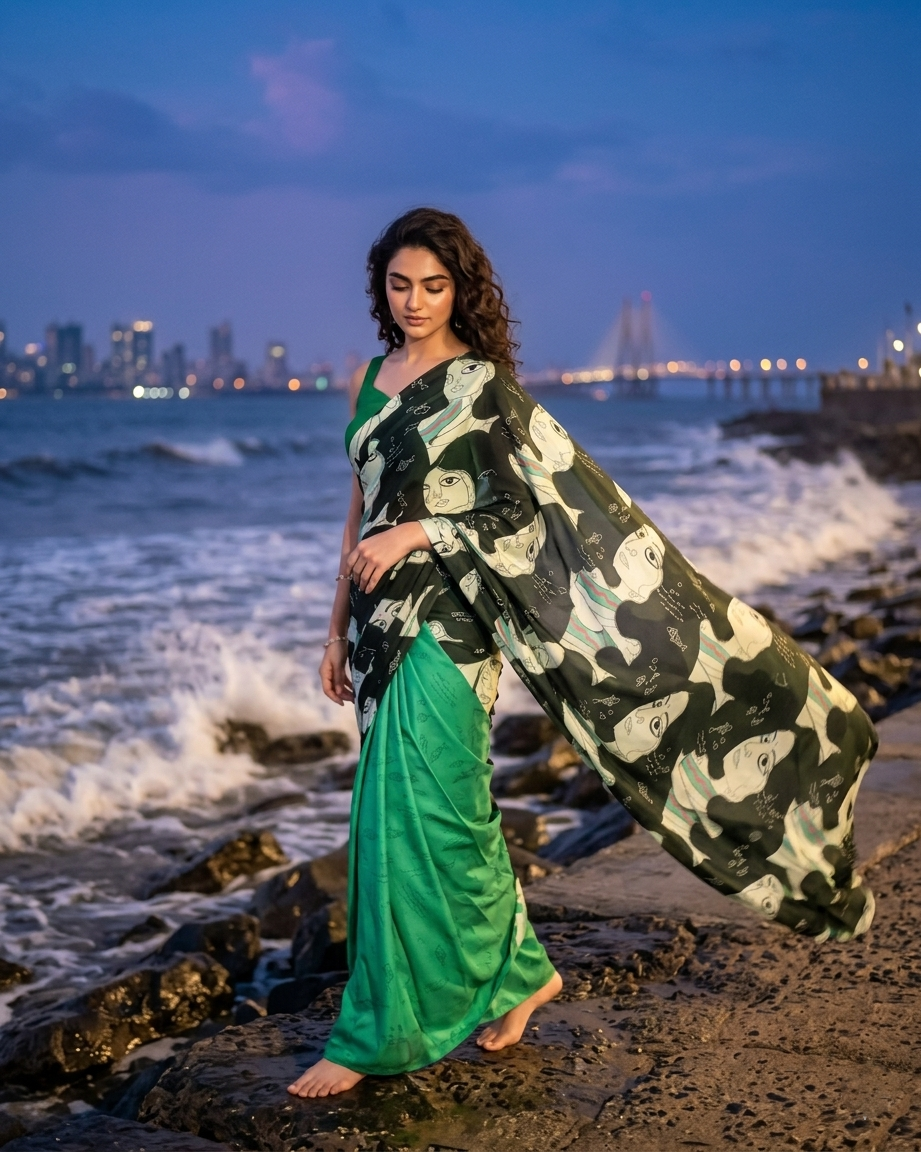 Face Print, Full Hint - Fashion Ka Naya Mint Quirky Saree