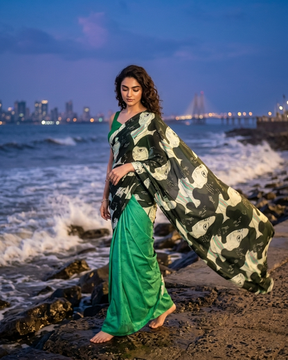 Face Print, Full Hint - Fashion Ka Naya Mint Quirky Saree