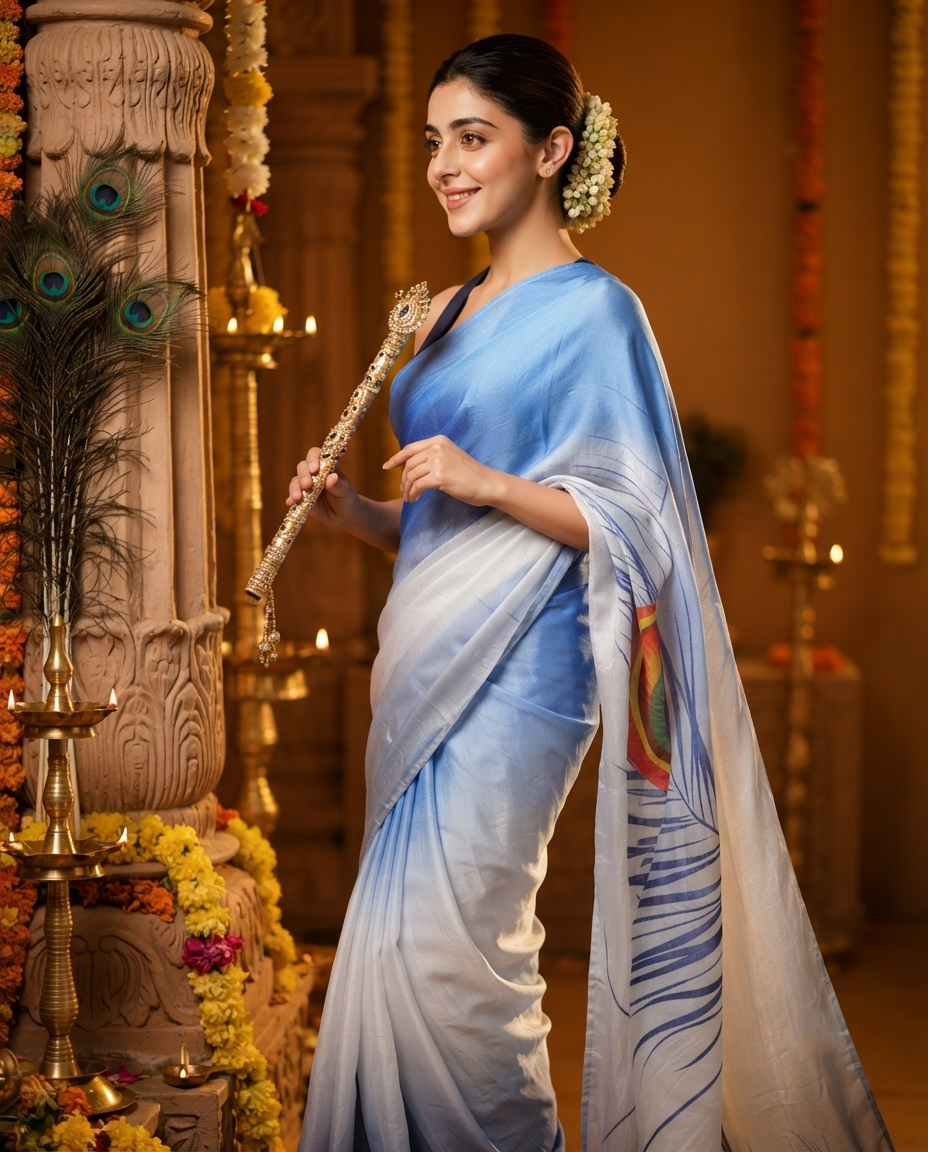 A woman wearing a light blue and white sari with a peacock feather print, holding a decorative gold flute in a beautifully decorated temple setting.janmashtami, festival,