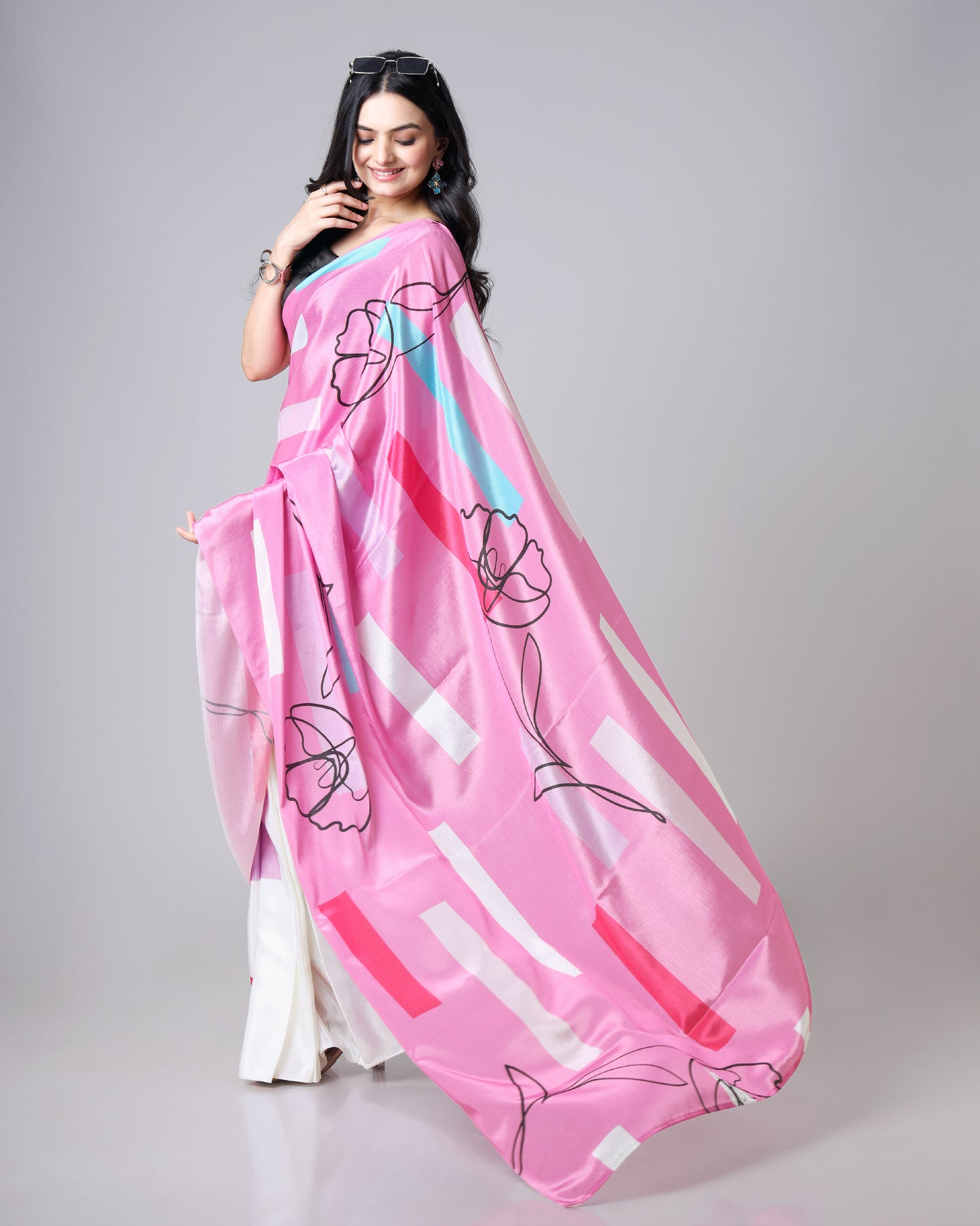 Pastel Pink Abstract Floral Satin Saree for Soft Glam Looks🌸