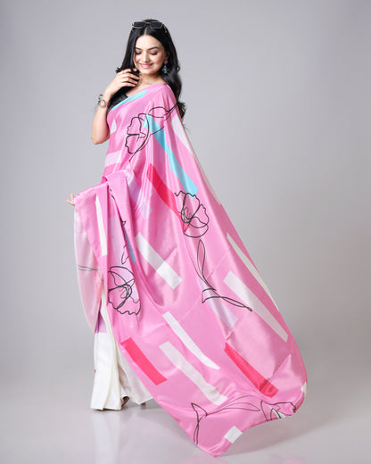 Pastel Pink Abstract Floral Satin Saree for Soft Glam Looks🌸