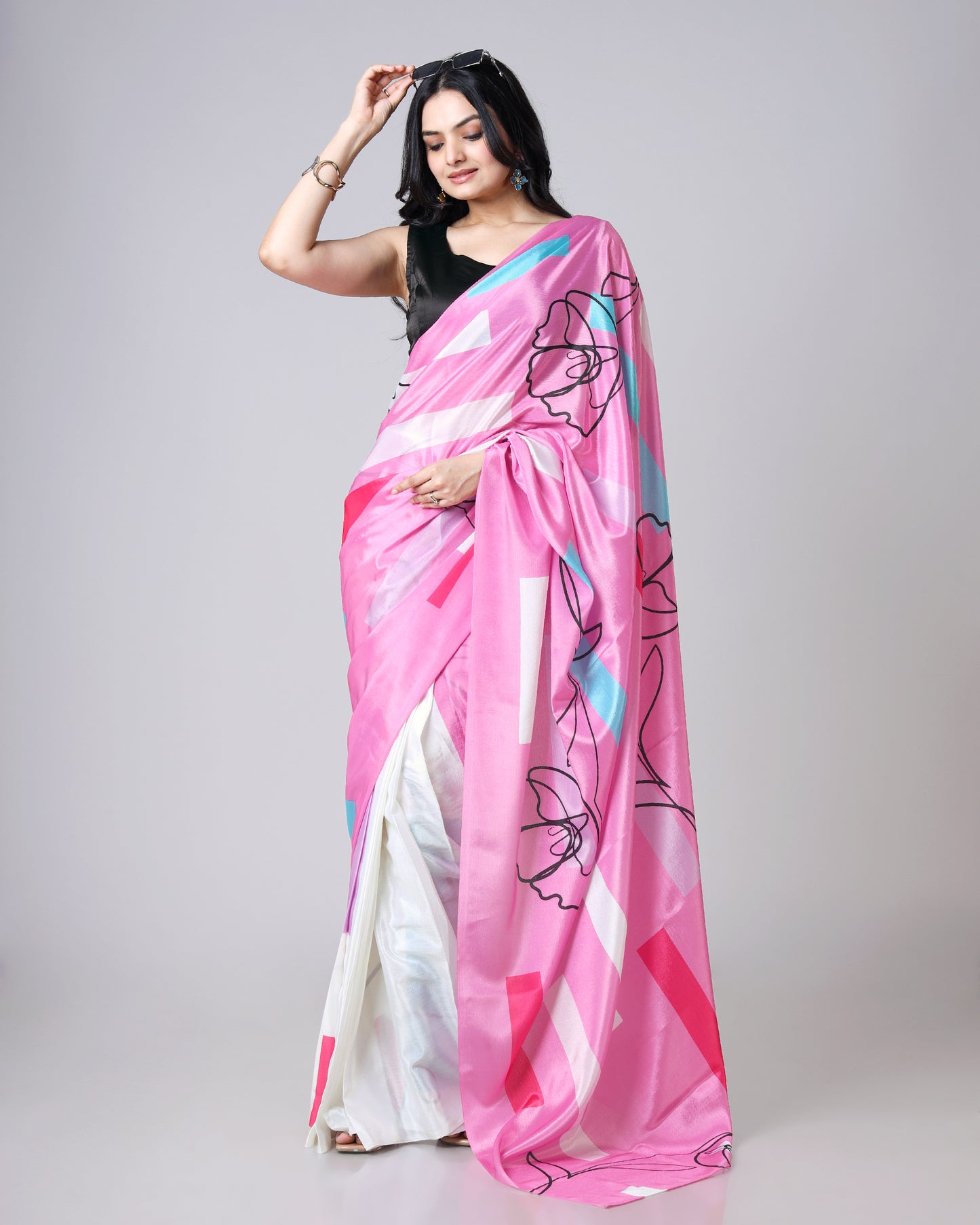 Pastel Pink Abstract Floral Satin Saree for Soft Glam Looks🌸