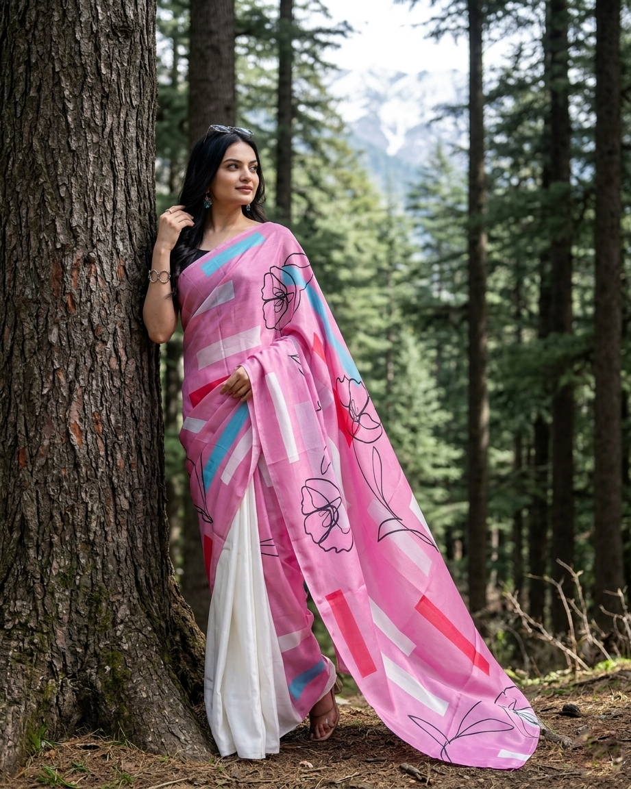 Pastel Pink Abstract Floral Satin Saree for Soft Glam Looks🌸