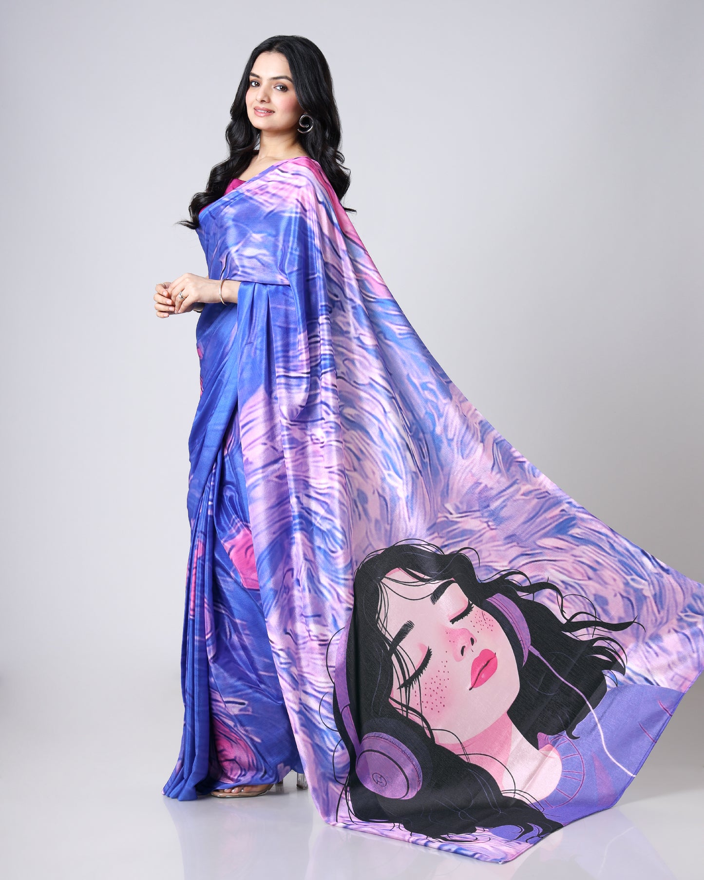 Gen Z Mood Graphic Saree with Artistic Girl Illustration💜
