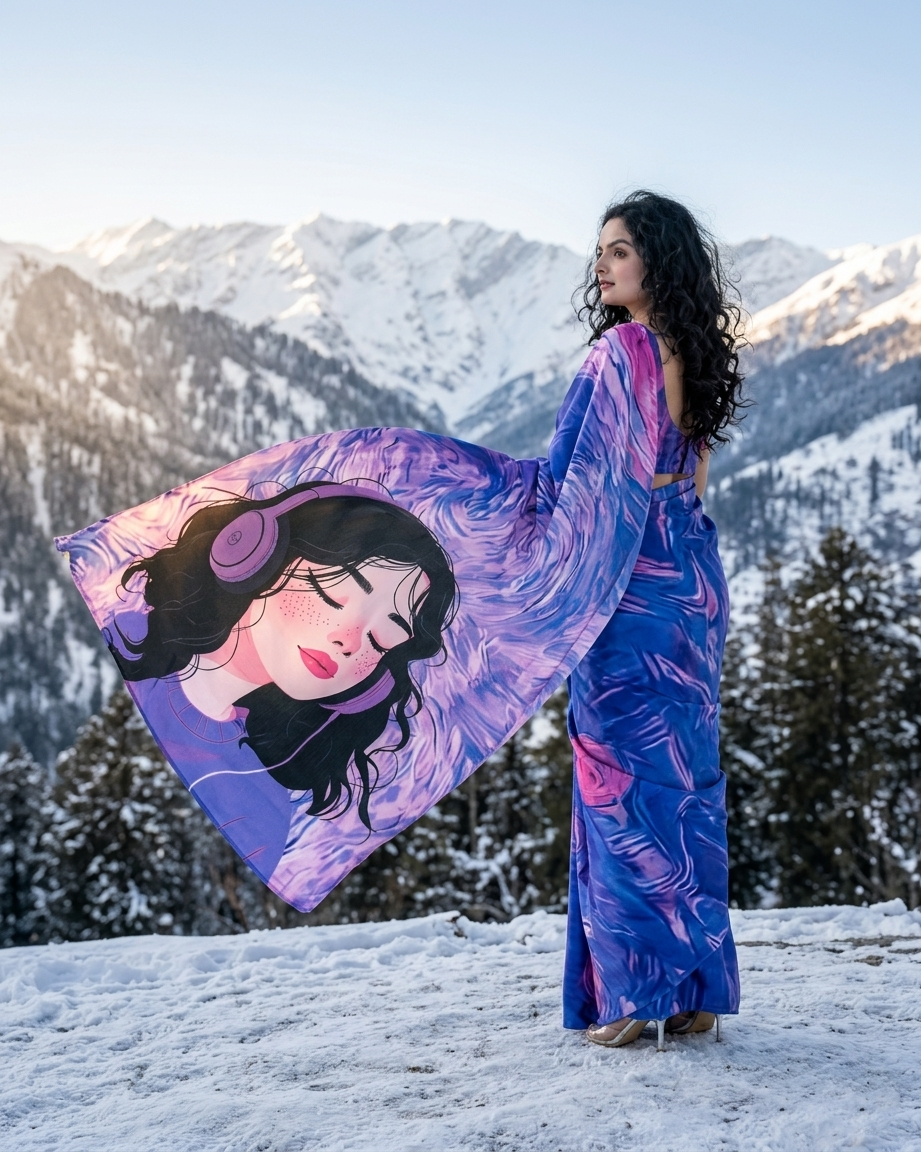 Gen Z Mood Graphic Saree with Artistic Girl Illustration💜