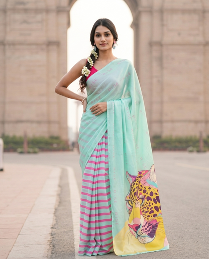 Aqua Leopard Saree - Soft bhi, Savage bhi