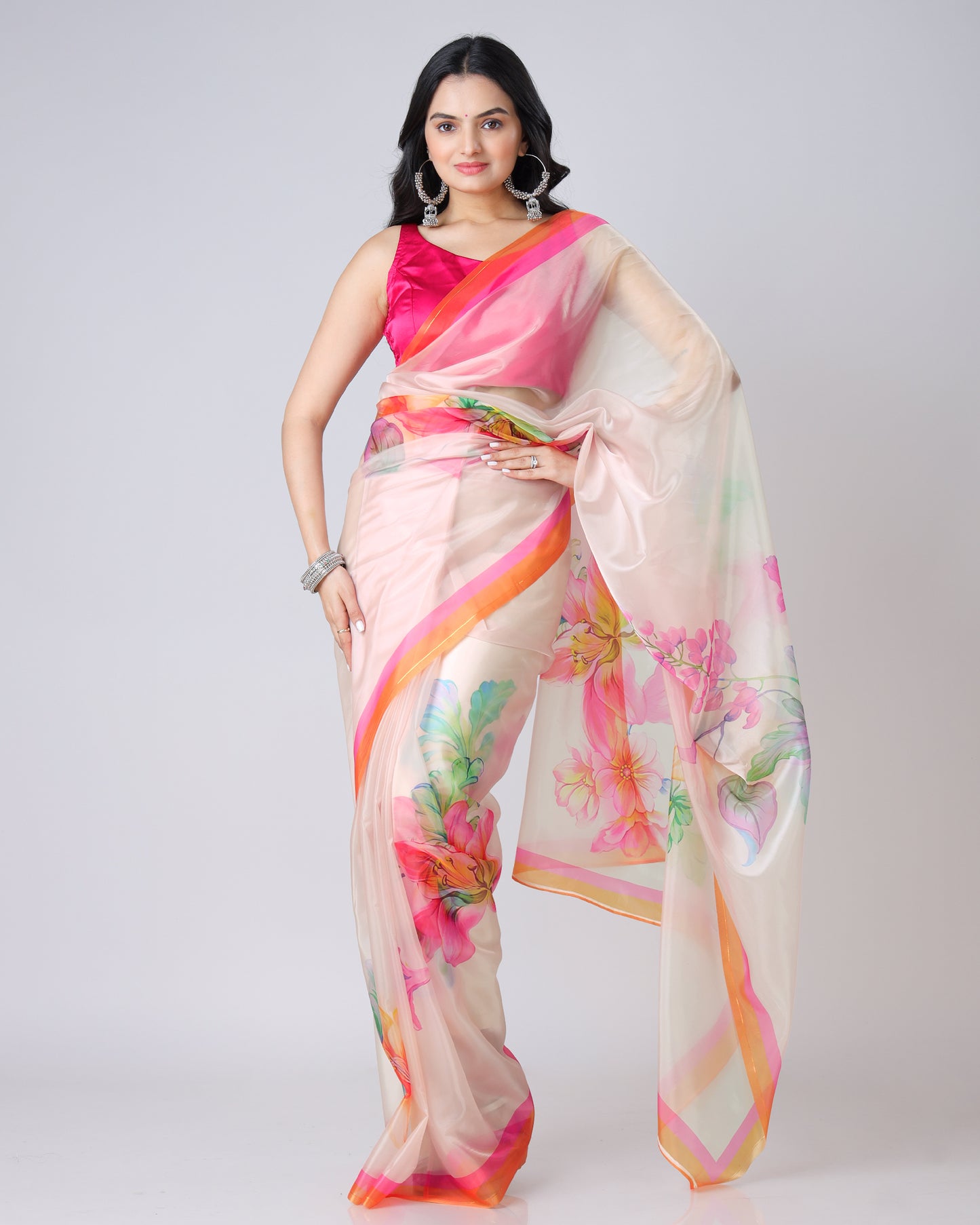 Floral Symphony Lightweight Organza Contrast Border Saree