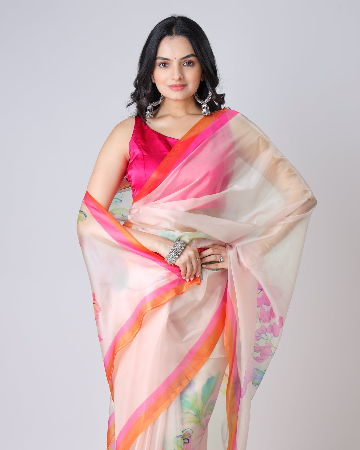 Floral Symphony Lightweight Organza Contrast Border Saree