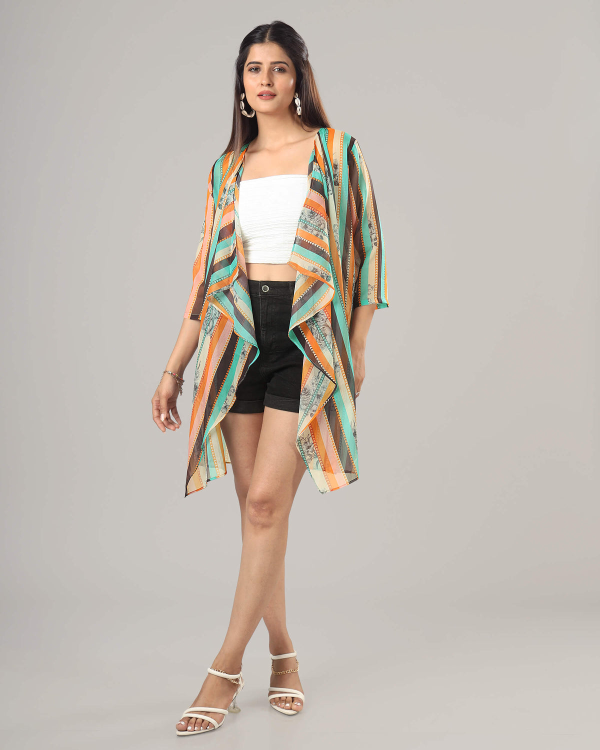 Trendy Stripes Waterfall Shrug For Women