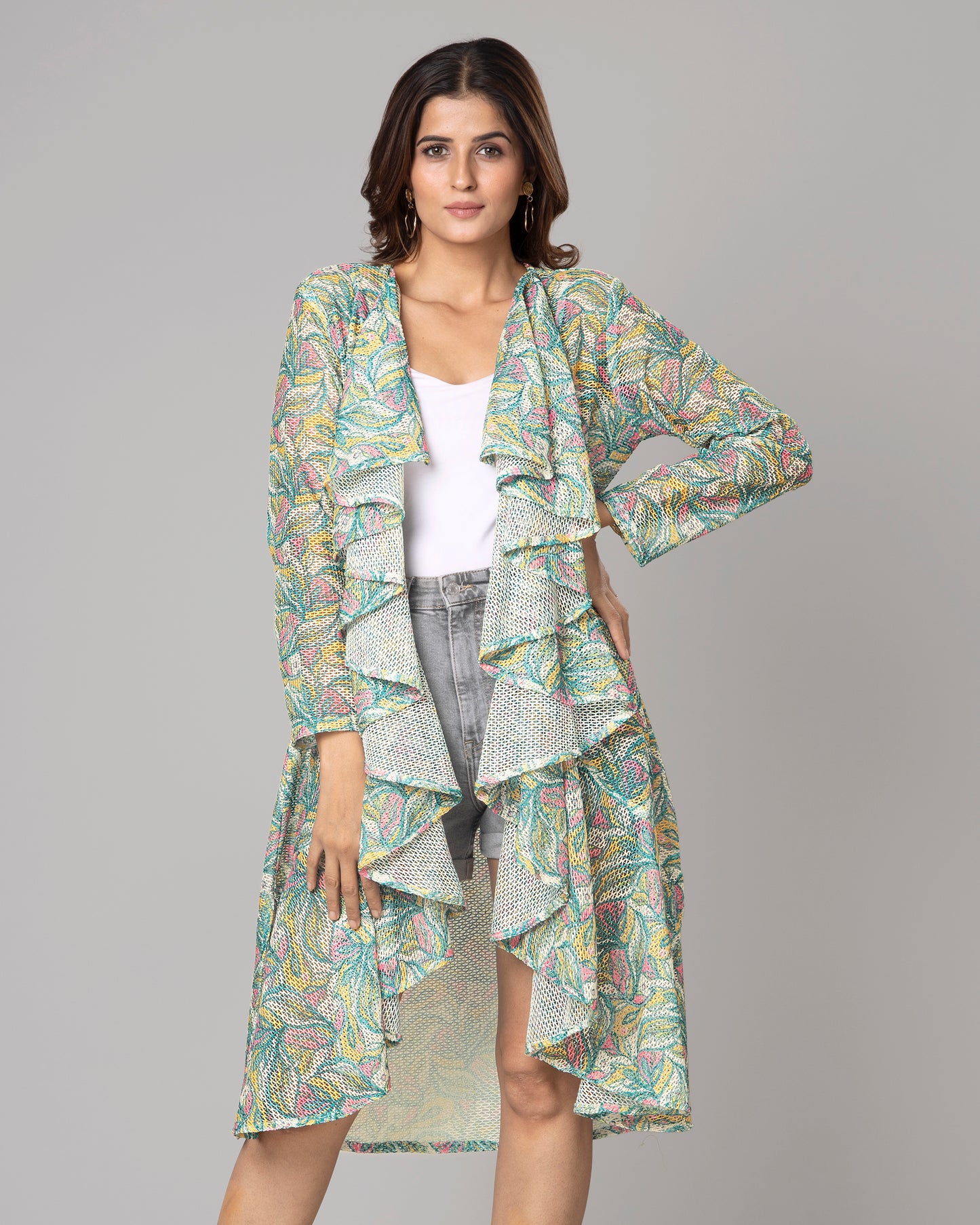 Abstract Floral Waterfall Shrug For Woman