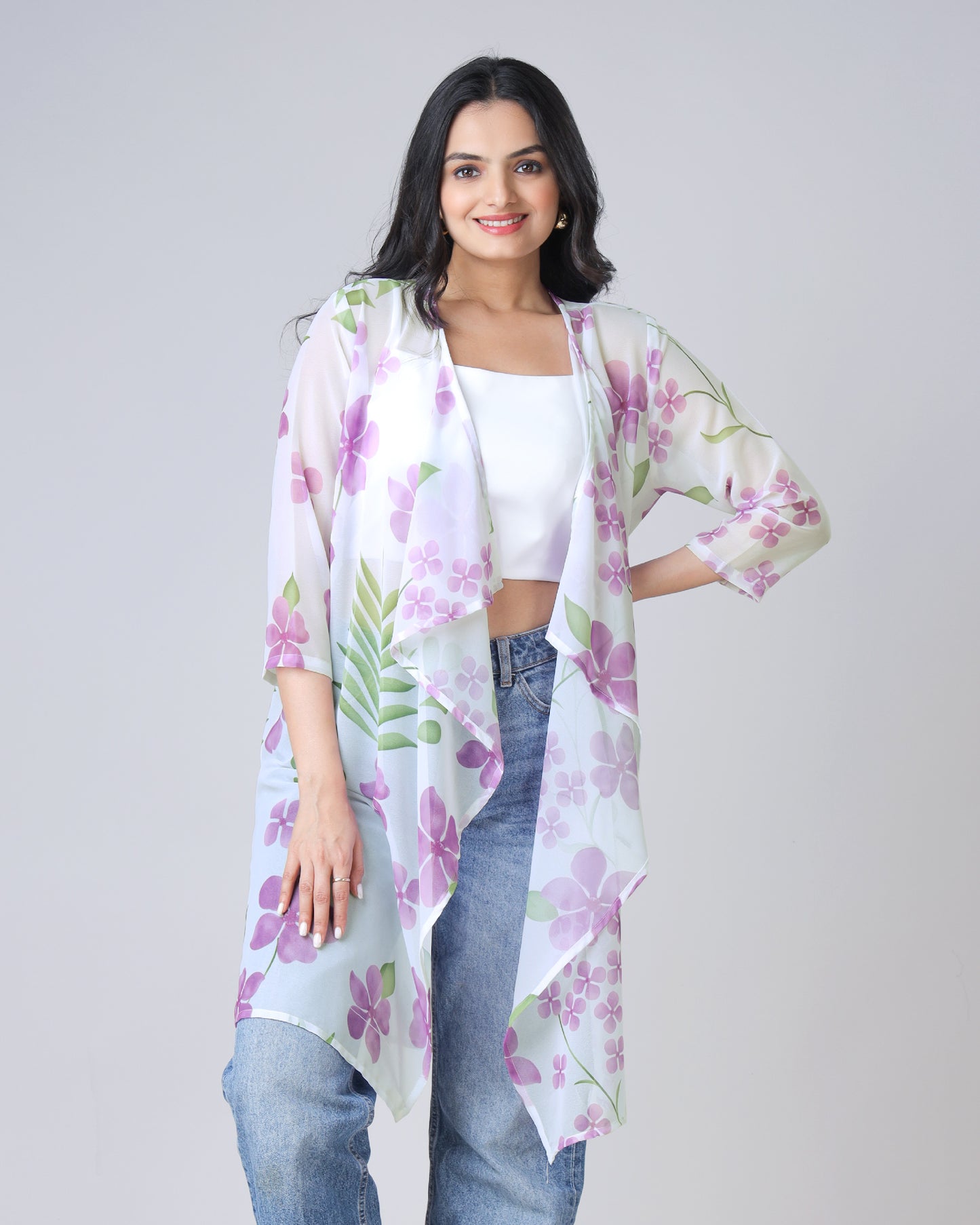 Beautiful Purple Floral Waterfall Shrug For Women