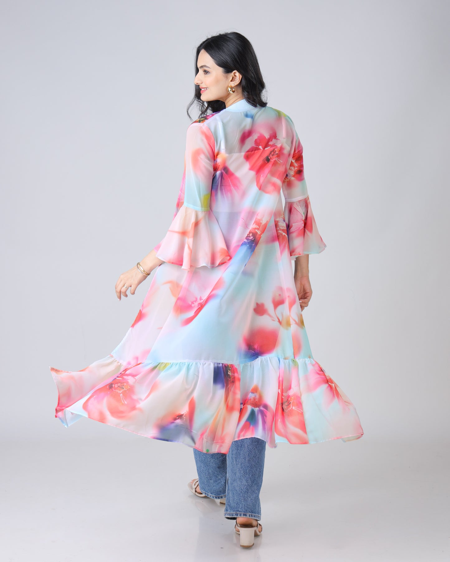 Multi-Color Tye And Dye Ruffled Long Shrug for Women