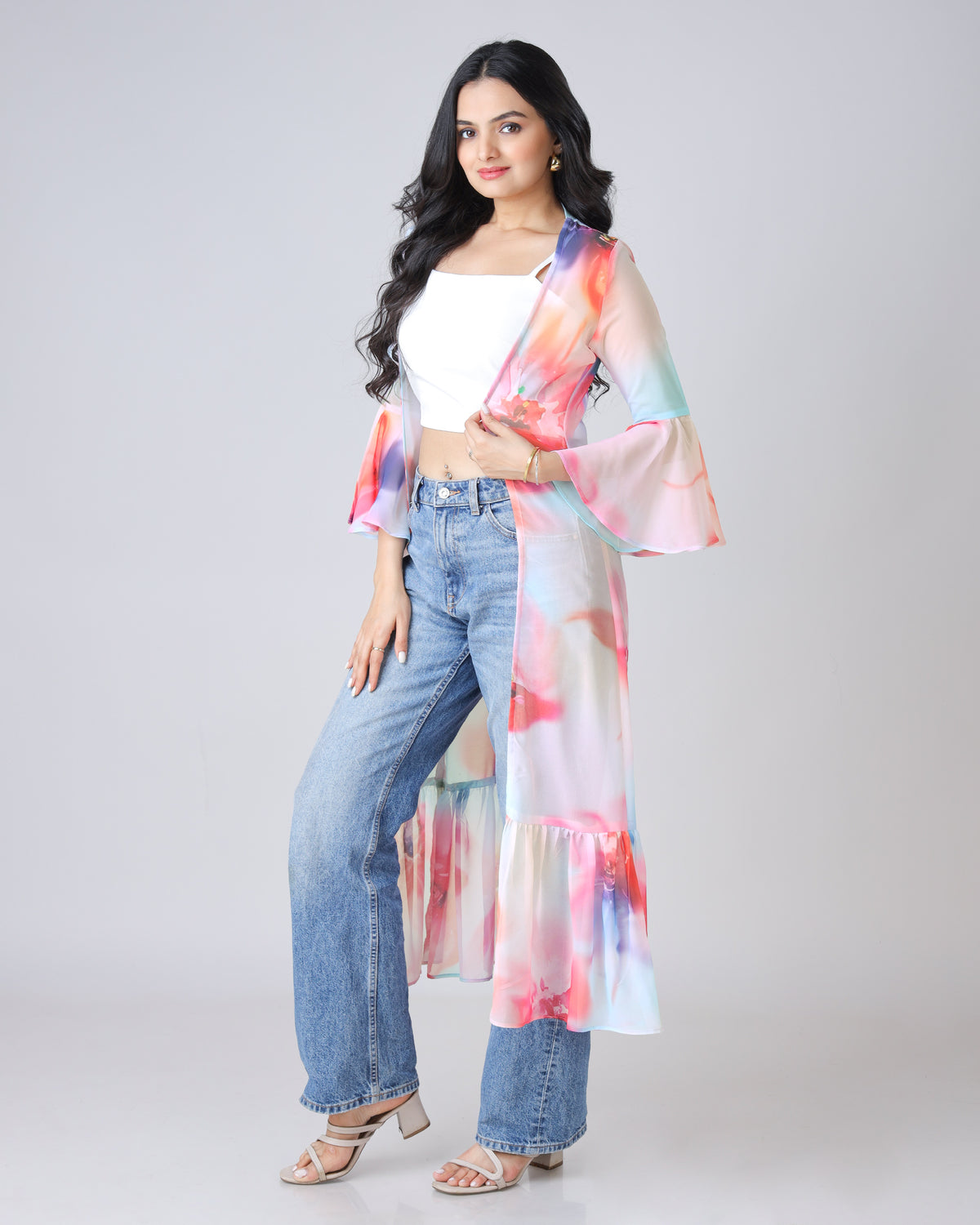 Multi-Color Tye And Dye Ruffled Long Shrug for Women