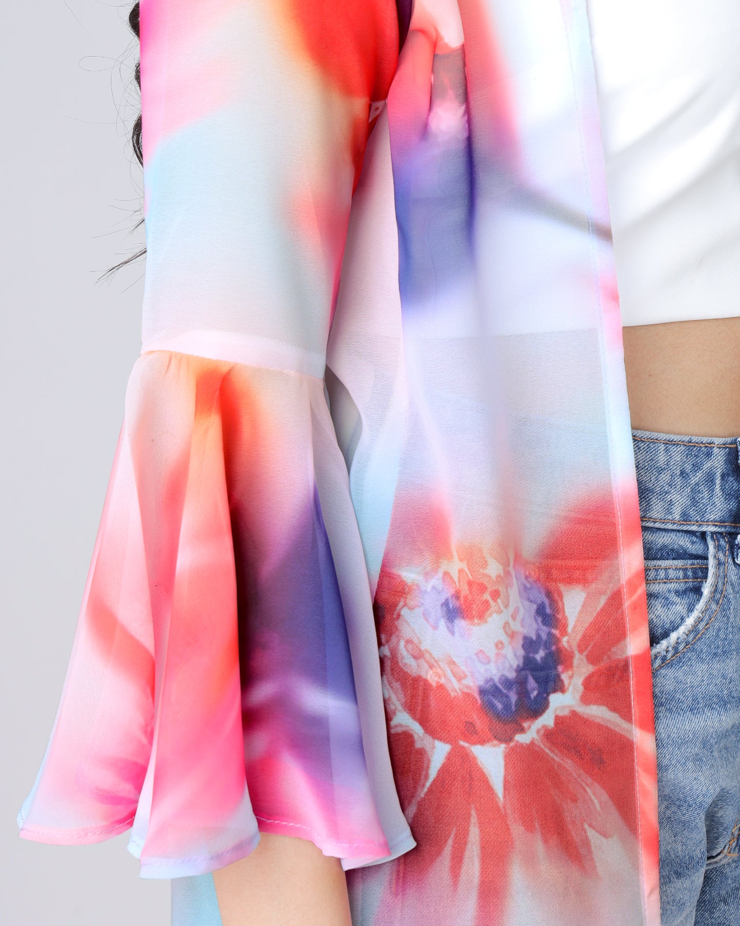 Multi-Color Tye And Dye Ruffled Long Shrug for Women