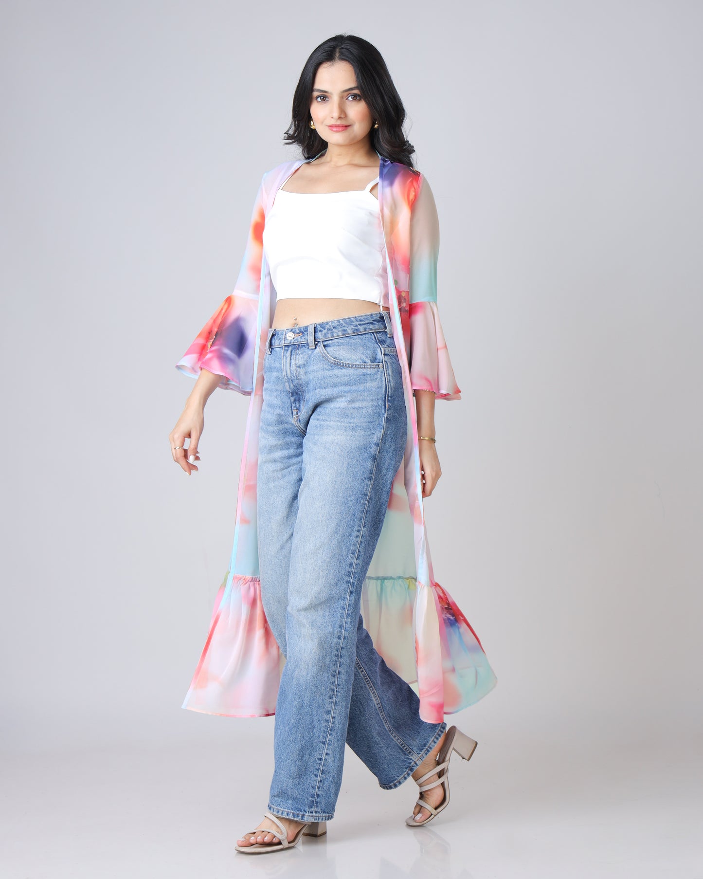 Multi-Color Tye And Dye Ruffled Long Shrug for Women