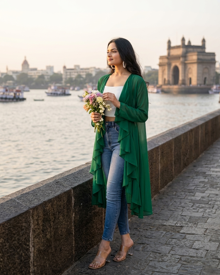 Classic Plain Green Waterfall Shrug For Woman