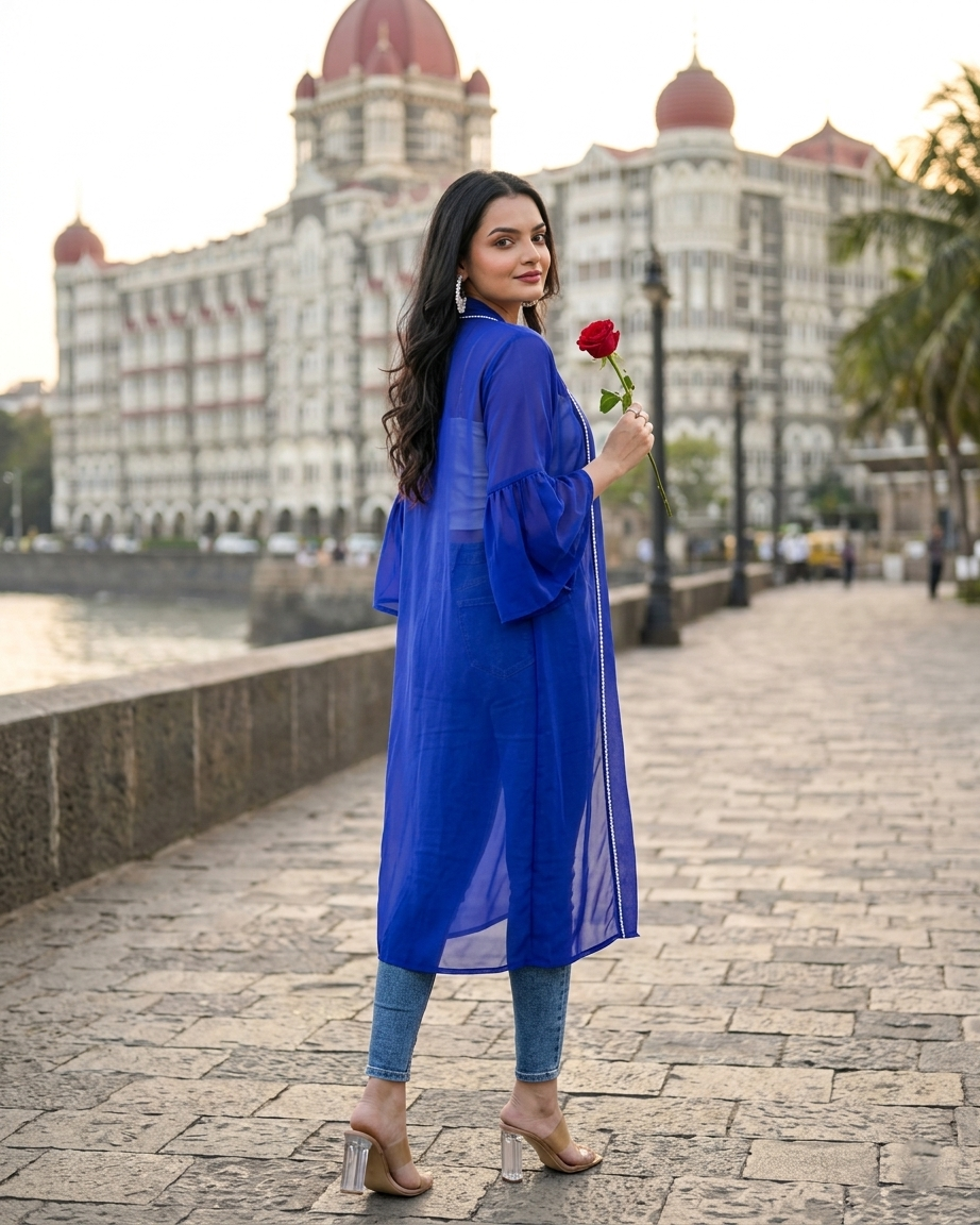Classic Plain Blue Lace Work Shrug For Woman