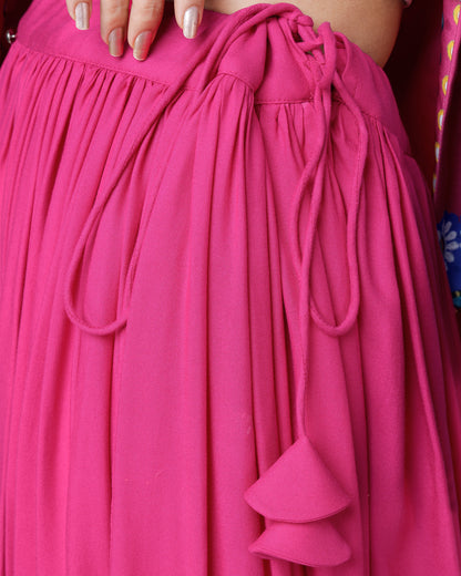 Hot Pink Viscose Flared Lehenga With Pocket Patchwork