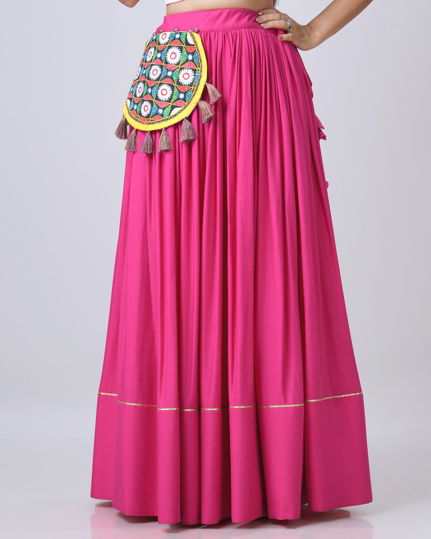 Hot Pink Viscose Flared Lehenga With Pocket Patchwork