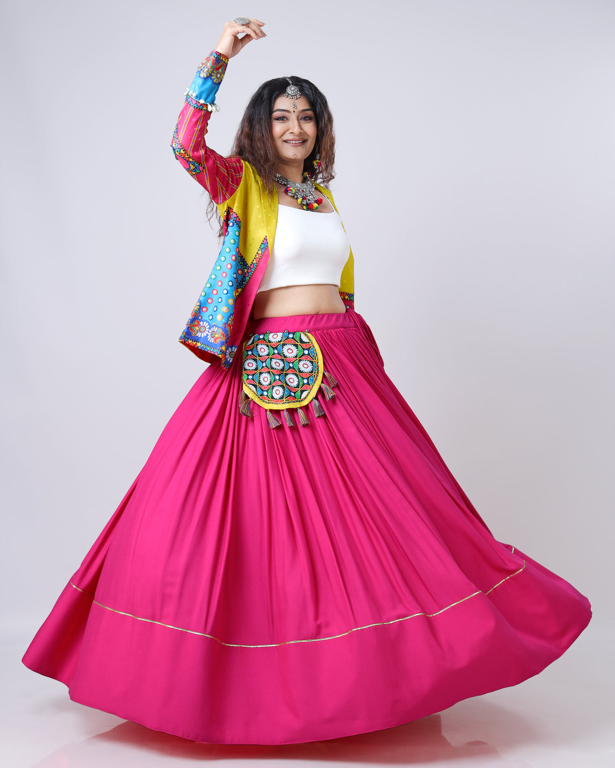 Hot Pink Viscose Flared Lehenga With Pocket Patchwork