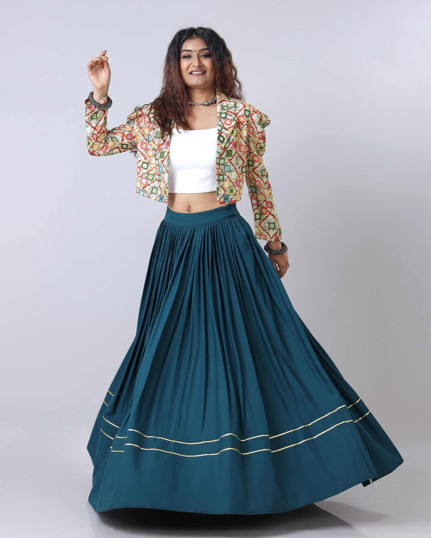 Exclusive Astronaut Blue Gota Lacs Work Solid Flared Lehenga