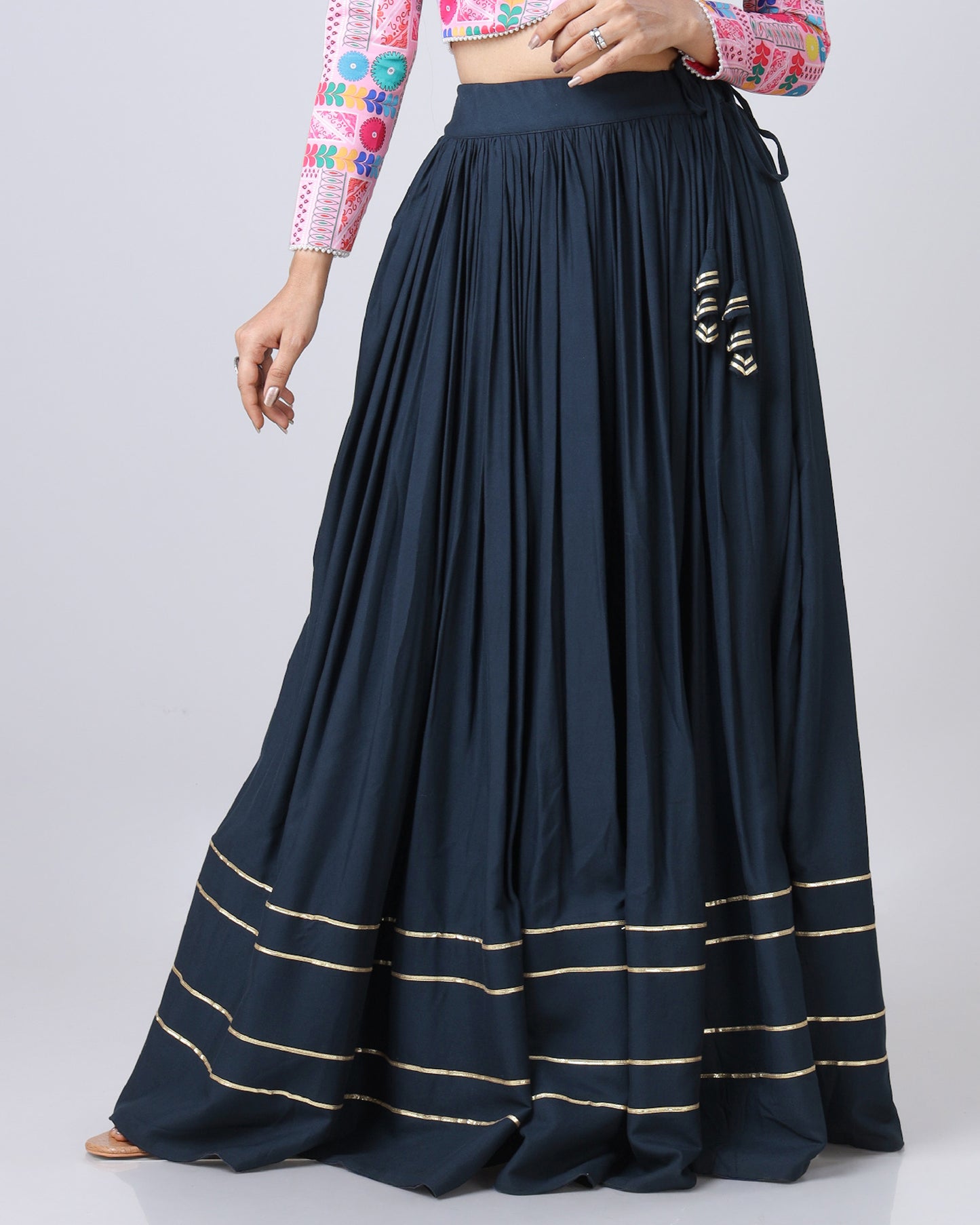 Exclusive Navy Blue Gota Lacs Work Solid Flared Lehenga