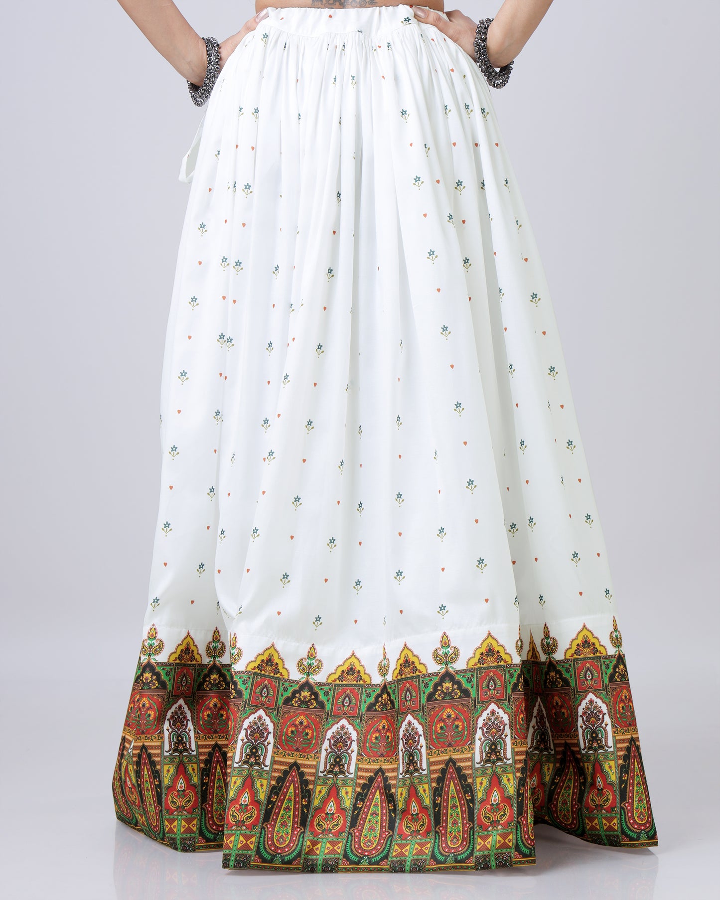 Festival Fresh: White Flared Lehenga With Rich Border