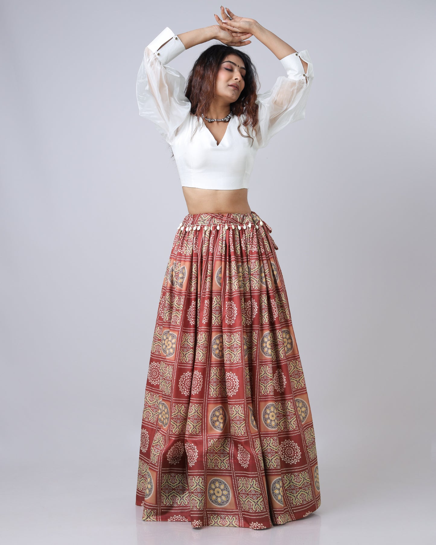 Ruby Red Bandhanii Printed Flared Lehenga With Kodi Work Lace