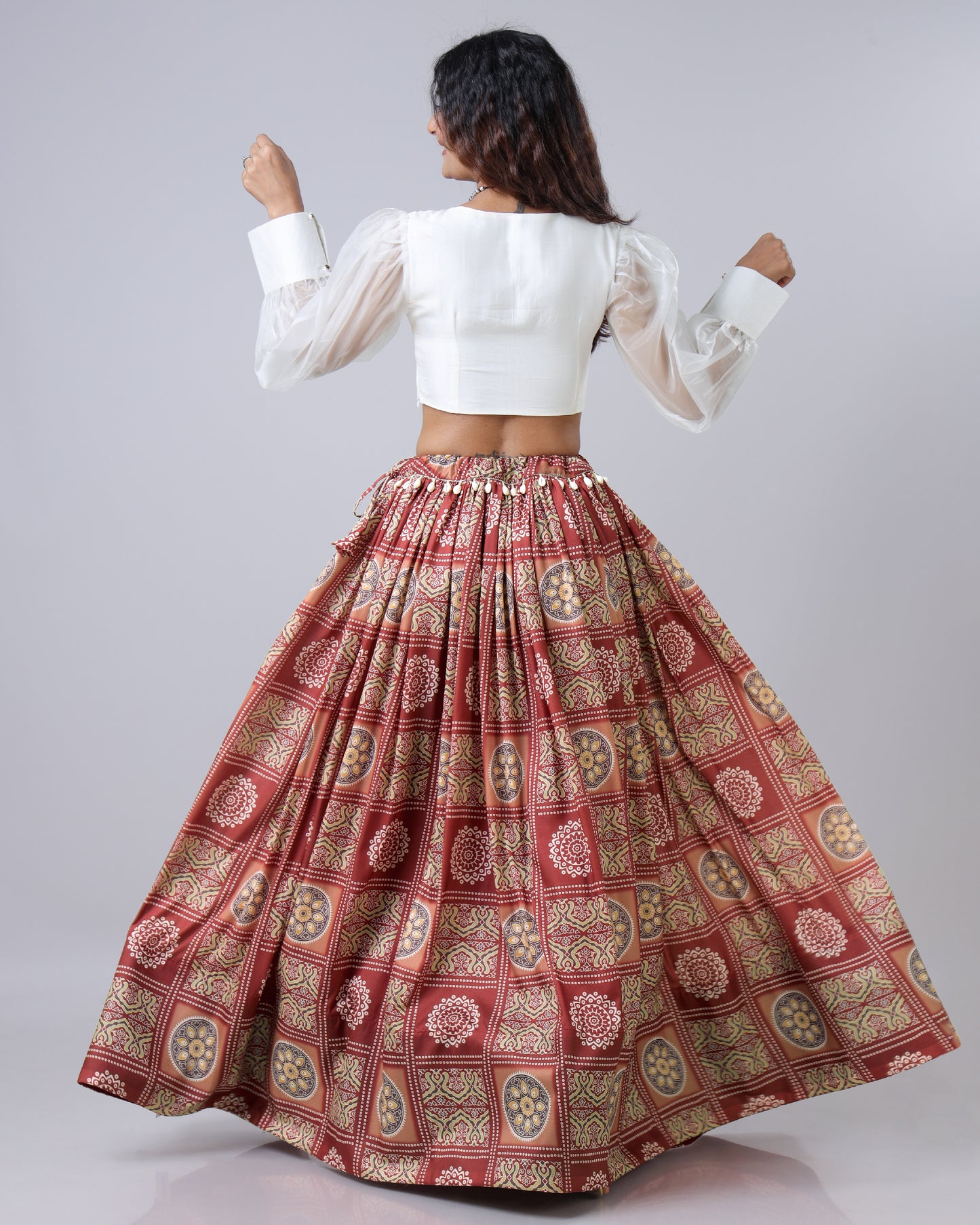 Ruby Red Bandhanii Printed Flared Lehenga With Kodi Work Lace